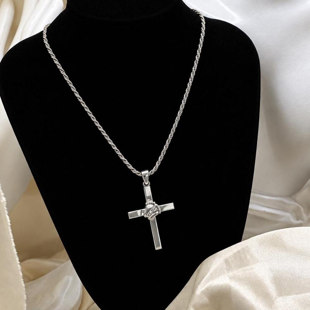 Vintage 925 Sterling Silver Footprints in Sand Cross Necklace “I Carried You”